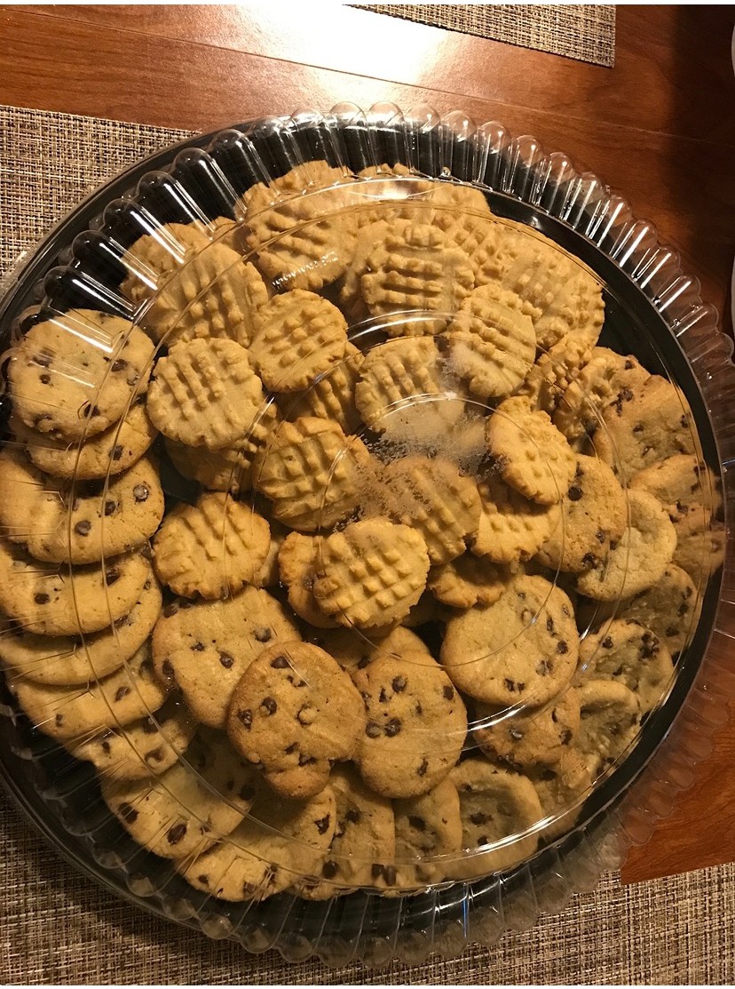 Platter of chocolate chip and peanut butter cookies